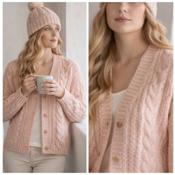 Vintage Italian Hand-Knit Mohair Wool Cable Knit Cardigan Sweater Small F279 - Picture 1 of 9